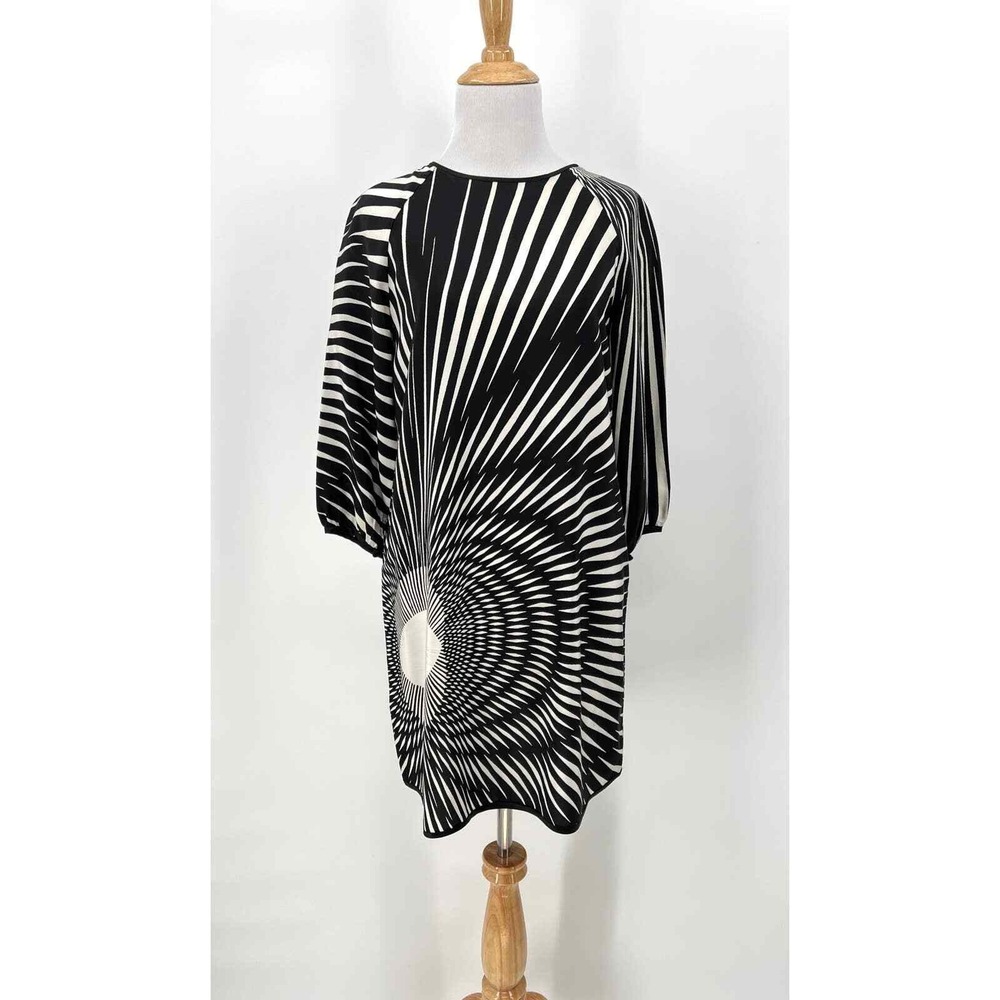 THREAD SOCIAL Vintage Silk Print Dress Womens 2 Black Cream Mini Swirl Mod Retro